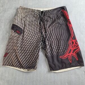 VTG Fox Racing Board Shorts Size 38 Y2K Tribal Big Logo Moto Skater Swim Trunks